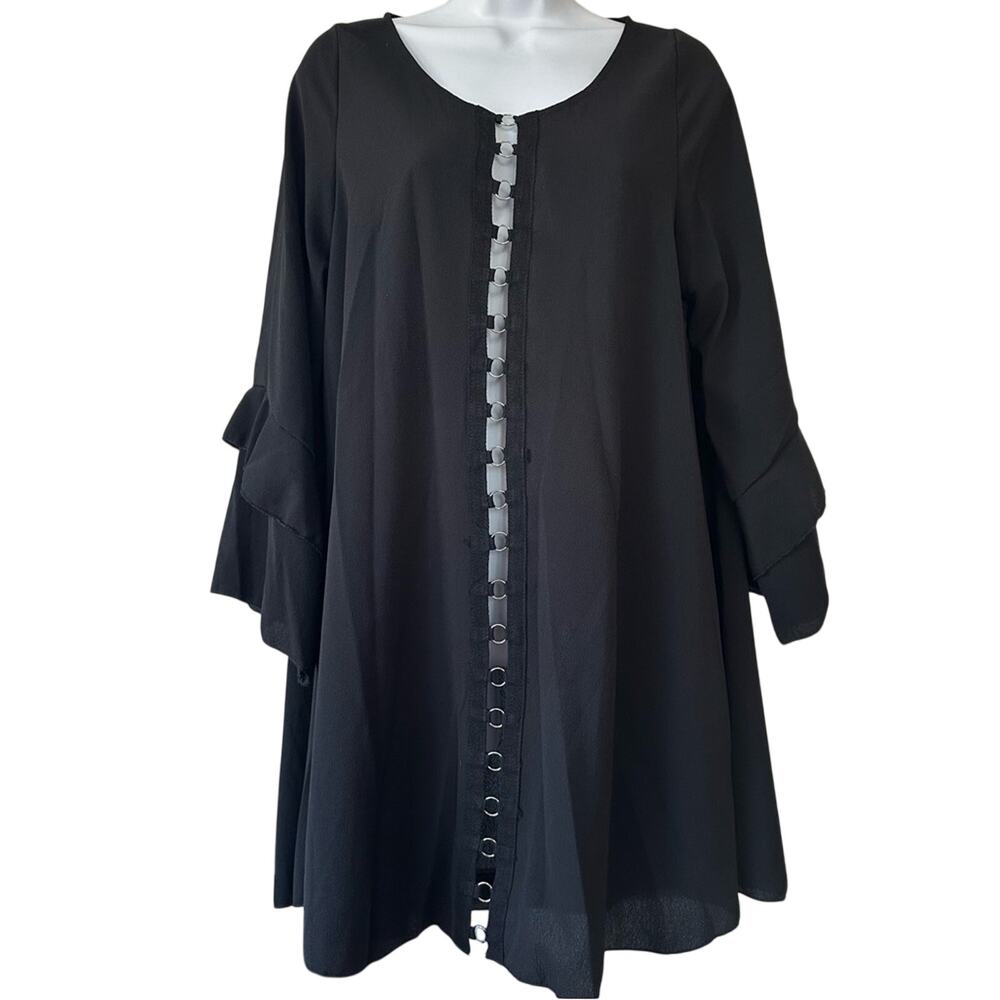 NWT Y2K Highness Cage Front Bell Sleeve Black Flowy Mini Dress Small